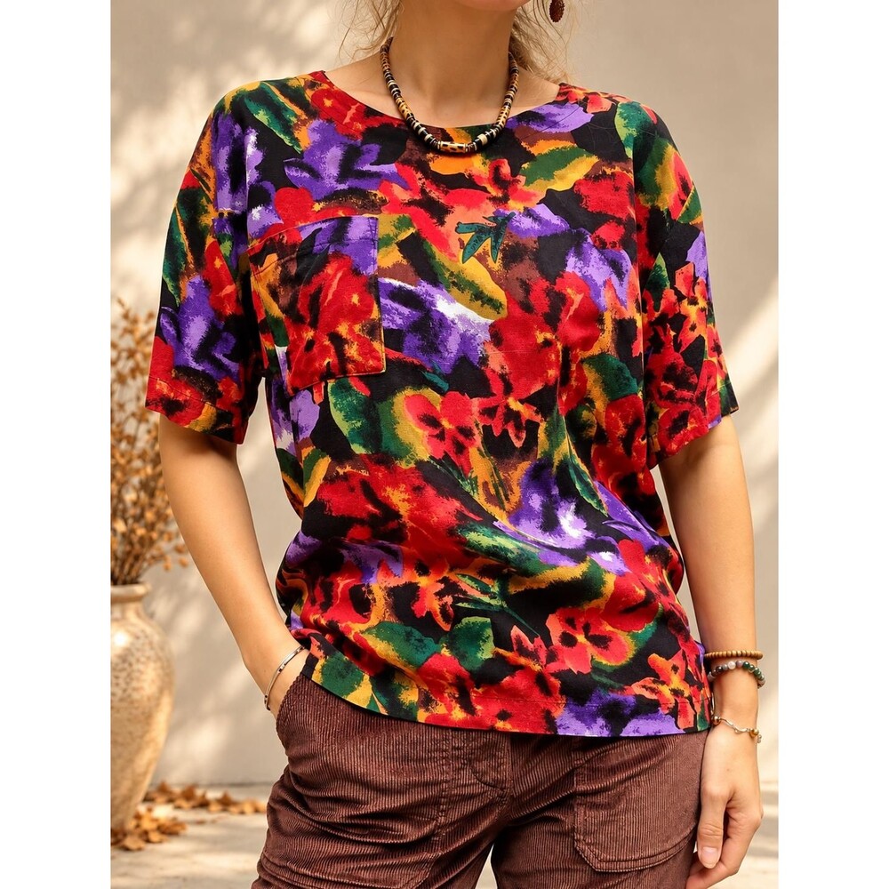 Vintage 80s Abstract Floral Top Colorful Art Print Blouse S M Made in USA